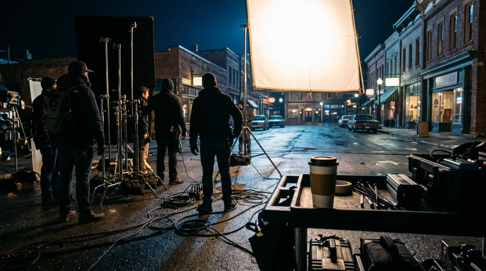 A film crew at night on a wet backlot street, silhouetted beside light stands under a huge glowing soft light; a paper coffee cup sits on an equipment cart in the foreground.